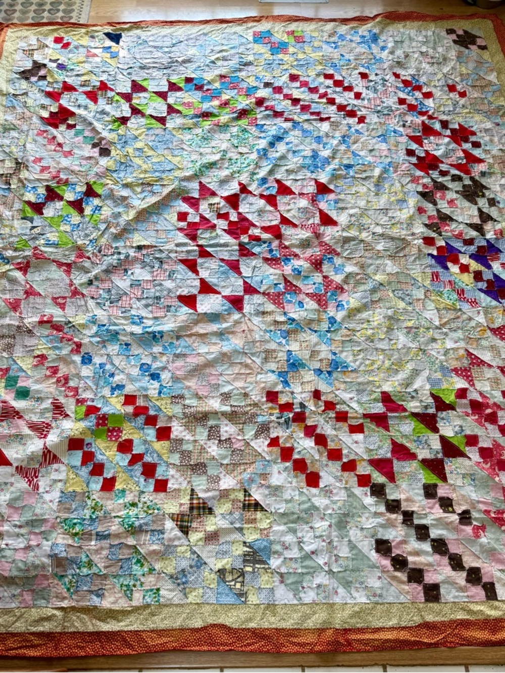 Very Large Colorful Vintage Homemade Hand Stitched Patchwork Quilt Top 106x93 - Picture 3 of 12